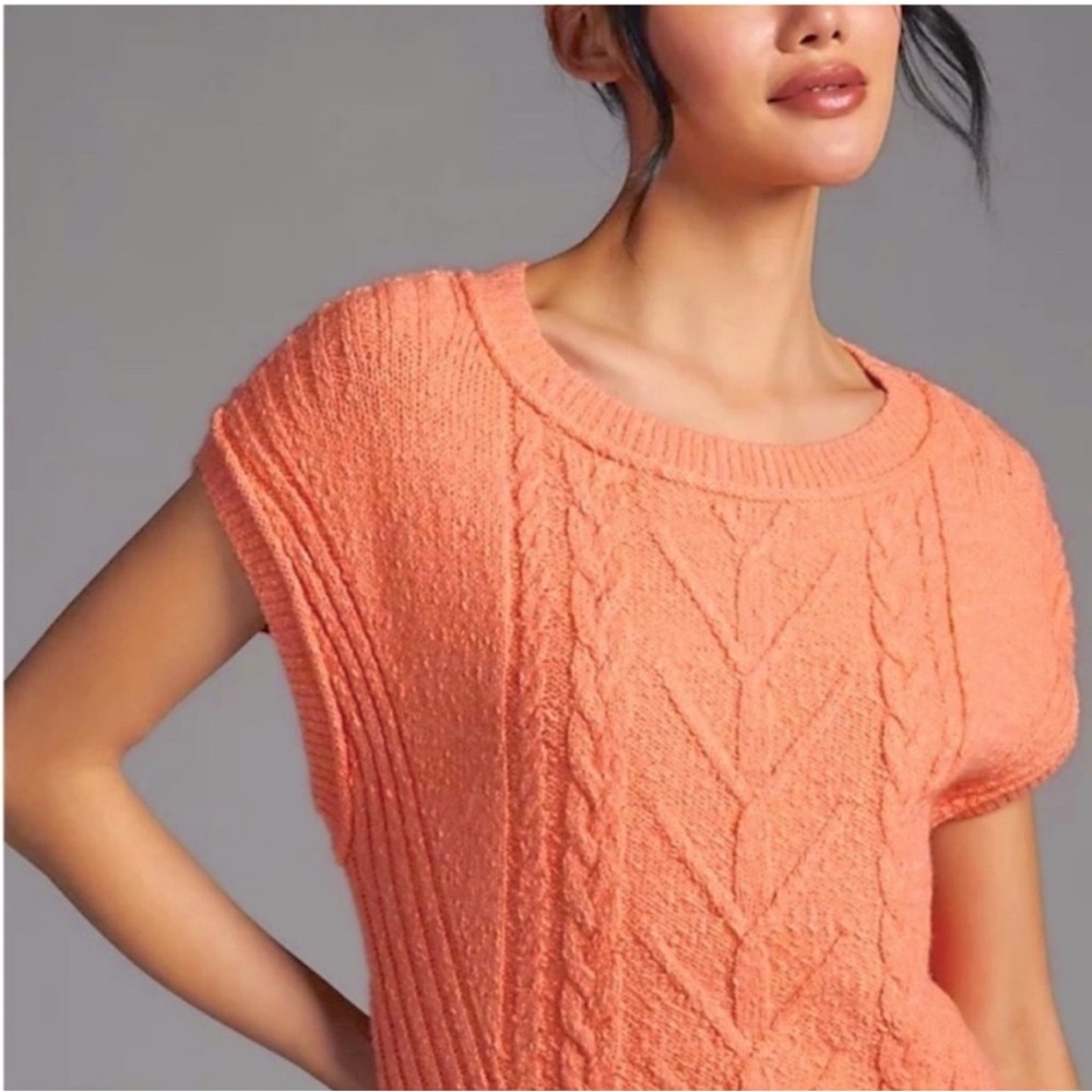 Anthropologie Pilcro Vibrant Peach Cable Knit Short Sleeve Crew Neck Sweater